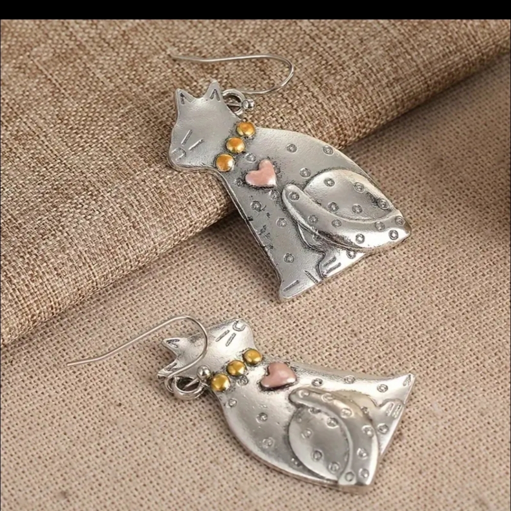 NEW Silver Cat Earrings with Pink and Gold Accents - Picture 2 of 4